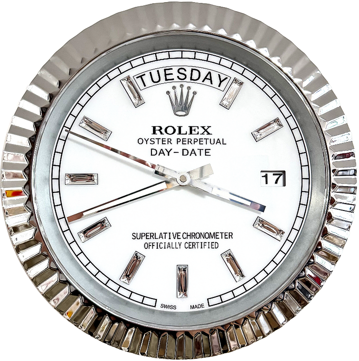 DAY DATE – ROSE SILVER – WHITE 35 CM DELUXE METAL WALL CLOCK