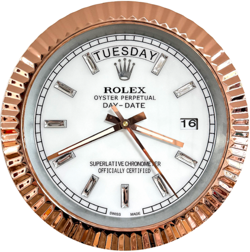 DAY DATE – ROSE GOLD CHROME – WHITE 35 CM DELUXE METAL WALL CLOCK