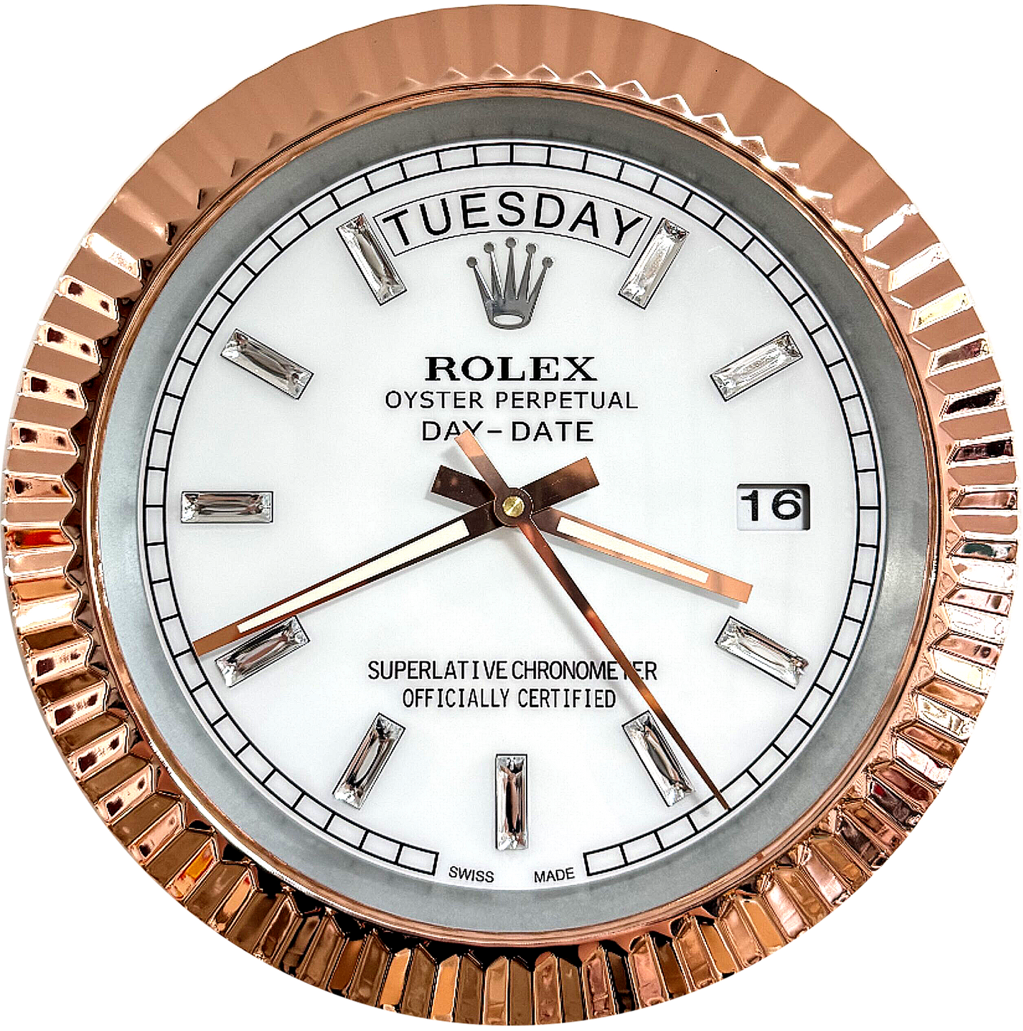 DAY DATE – ROSE GOLD CHROME – WHITE 35 CM DELUXE METAL WALL CLOCK