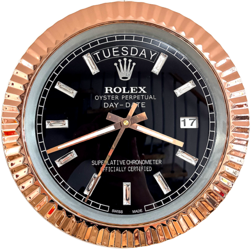 DAY DATE – ROSE GOLD CHROME – BLACK EDITION 35 CM DELUXE METAL WALL CLOCK