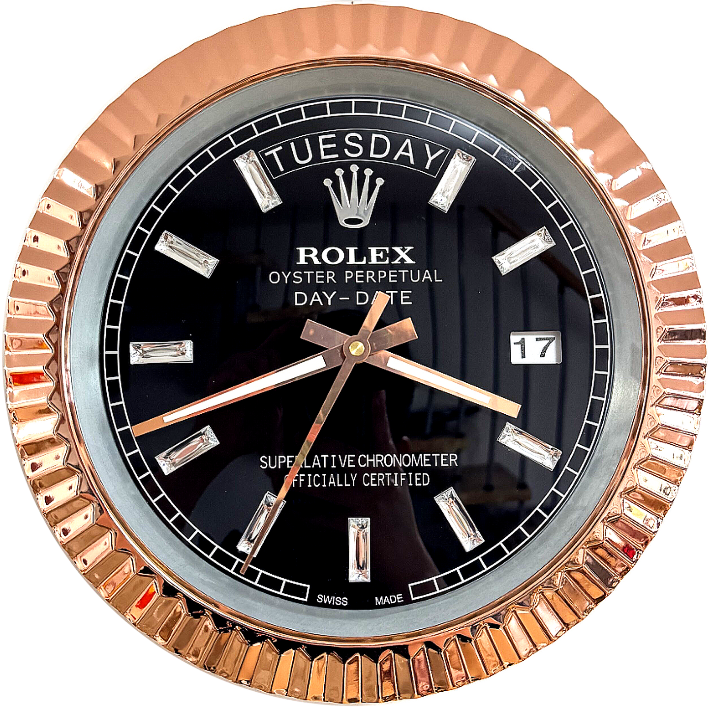 DAY DATE – ROSE GOLD CHROME – BLACK EDITION 35 CM DELUXE METAL WALL CLOCK
