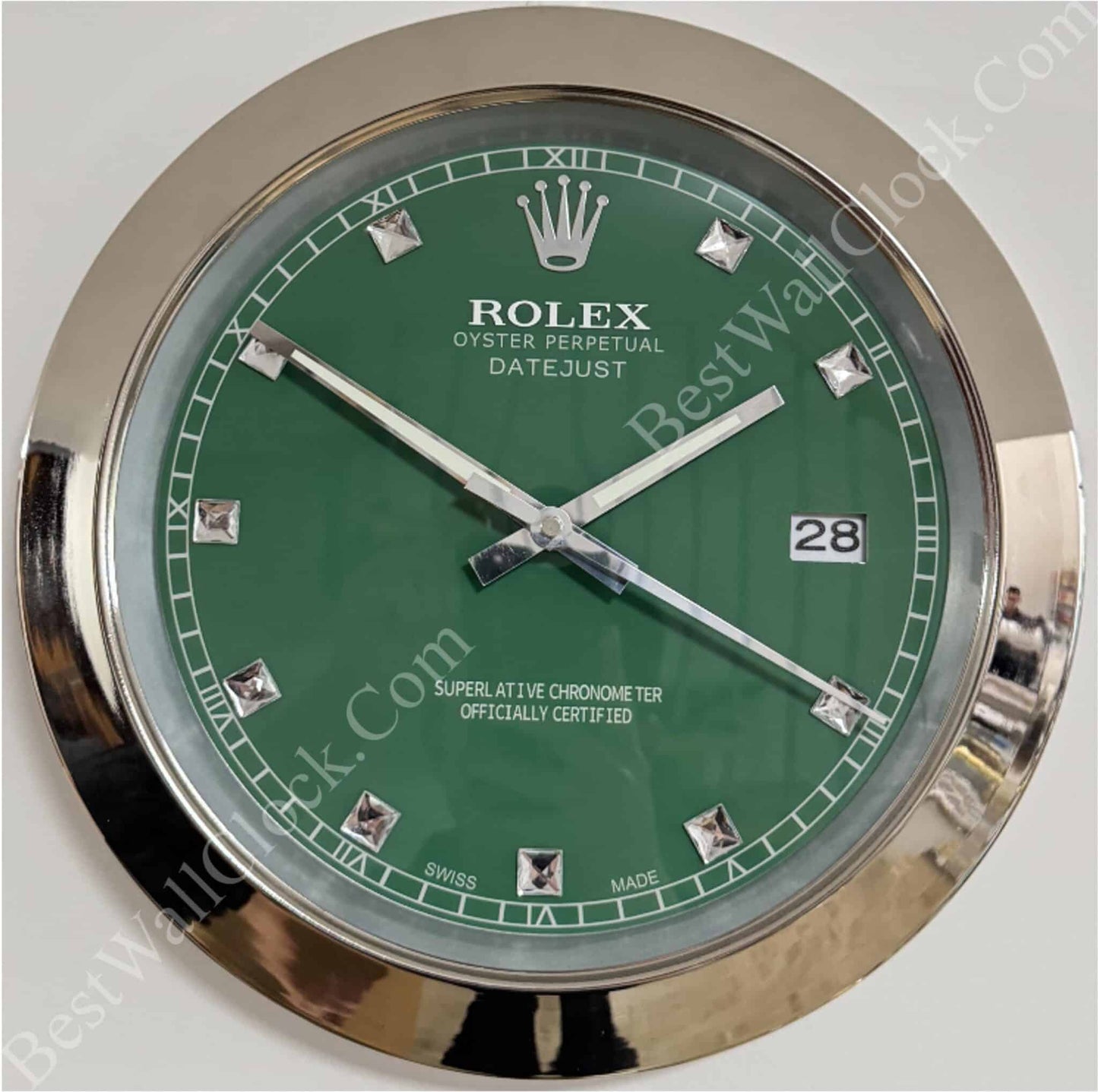 DATEJUST – CHROME – GREEN 3 DELUXE METAL WALL CLOCK, 35 CM
