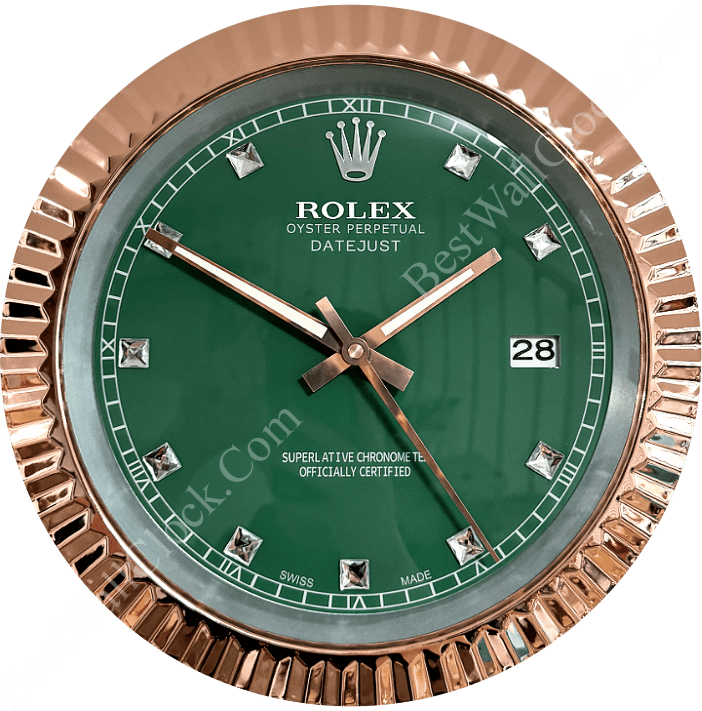 DATEJUST – ROSE GOLD CHROME – GREEN 6 DELUXE METAL WALL CLOCK 35 CM