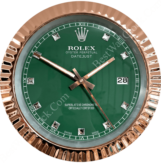 DATEJUST – ROSE GOLD CHROME – GREEN 6 DELUXE METAL WALL CLOCK 35 CM