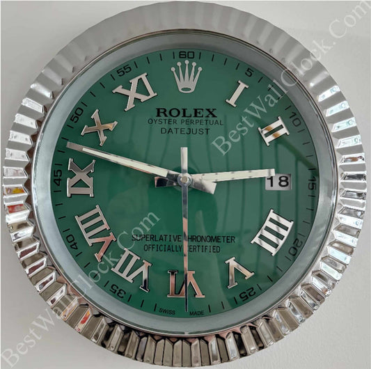 DATEJUST – ROSE SILVER – GREEN 35 CM DELUXE METAL WALL CLOCK