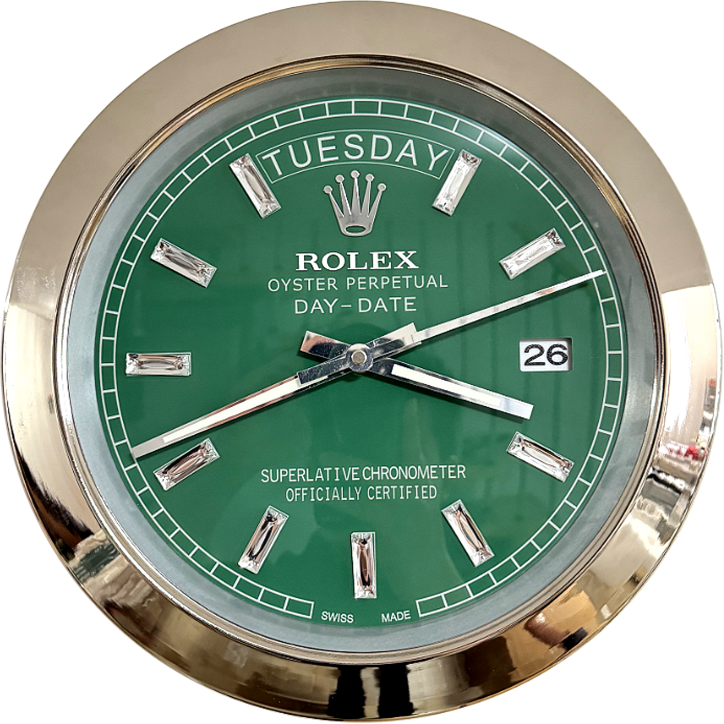 DAY DATE – SILVER – GREEN EDITION 35 CM DELUXE METAL WALL CLOCK