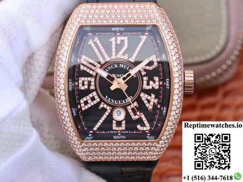 Franck Muller Vanguard 18K Rose Gold V45.Sc.Dt.D.Nbr.Cd.5N.Nr Black Dial-Rep Time Watches