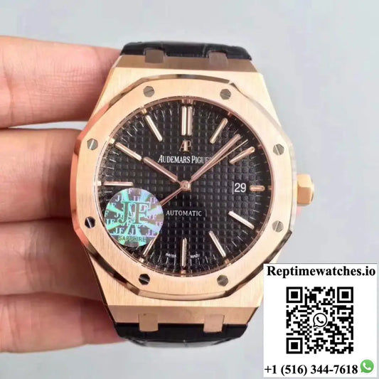 Audemars Piguet Royal Oak 15400 JF Factory Leather Strap Black Dial - Watches