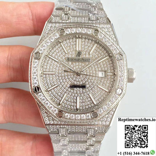 Audemars Piguet Royal Oak 15400.Or Full Diamond White Dial-Rep Time Watches