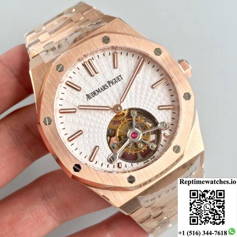 Audemars Piguet Royal Oak Rose Gold Tourbillon Extra Thin 26522 R8 Factory White Dial-Rep Time Watches