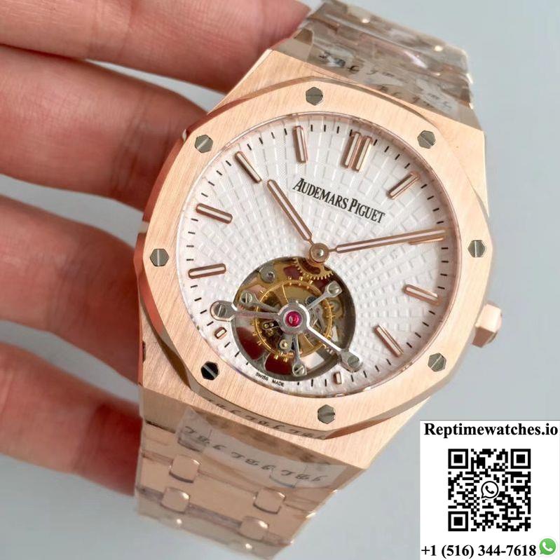 Audemars Piguet Royal Oak Rose Gold Tourbillon Extra Thin 26522 R8 Factory White Dial-Rep Time Watches
