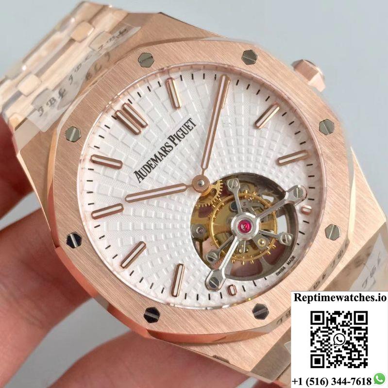 Audemars Piguet Royal Oak Rose Gold Tourbillon Extra Thin 26522 R8 Factory White Dial-Rep Time Watches