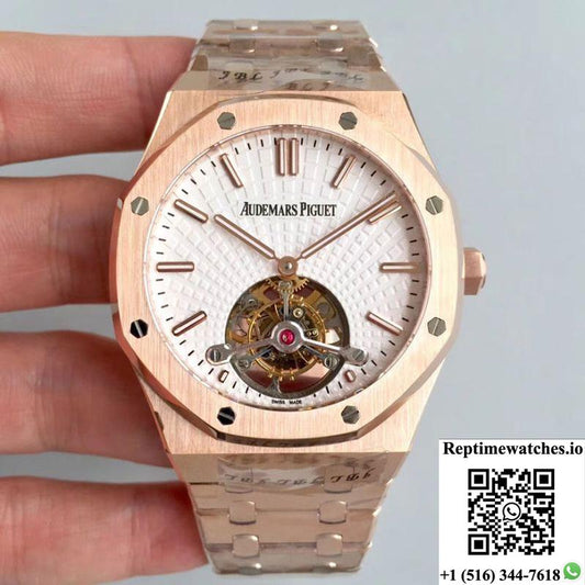 Audemars Piguet Royal Oak Rose Gold Tourbillon Extra Thin 26522 R8 Factory White Dial-Rep Time Watches