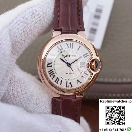 Ballon Bleu De Cartier Ladies 33Mm V6 Factory 18K Rose Gold Case White Dial-Rep Time Watches