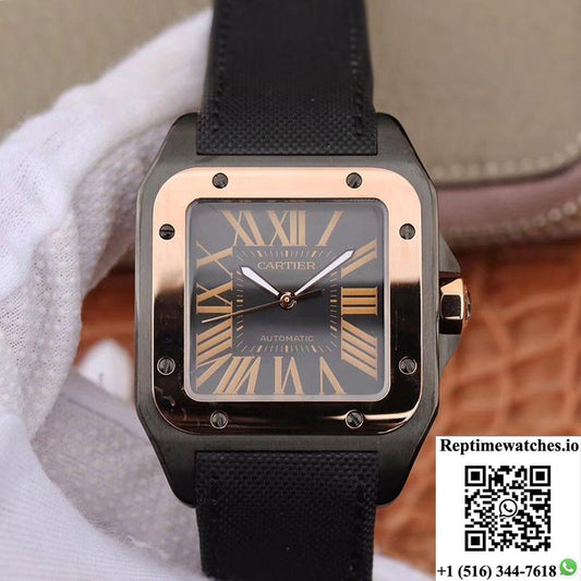 Cartier De Santos 100Th Anniversary W2020009 Rb Factory 18K Rose Gold Black Dial-Rep Time Watches