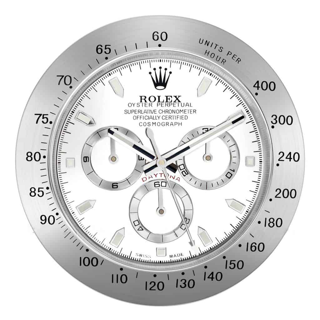 ROLEX DAYTONA WALL CLOCK SILVER WHITE STAINLESS STEEL EDITION - 35CM DELUXE METAL WALL CLOCK