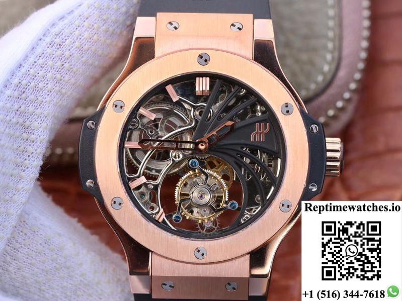 Hublot Big Bang Hollow Tourbillon 18K Rose Gold Skeleton Dial-Rep Time Watches