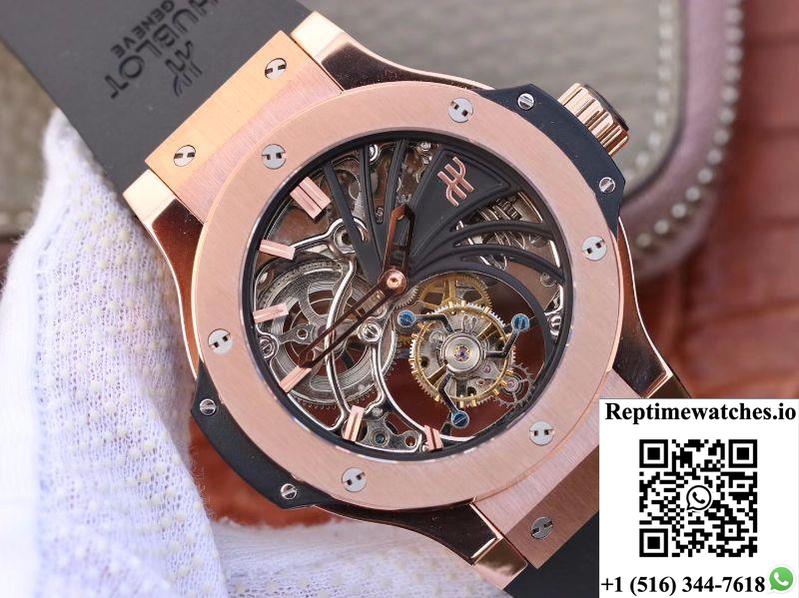 Hublot Big Bang Hollow Tourbillon 18K Rose Gold Skeleton Dial-Rep Time Watches