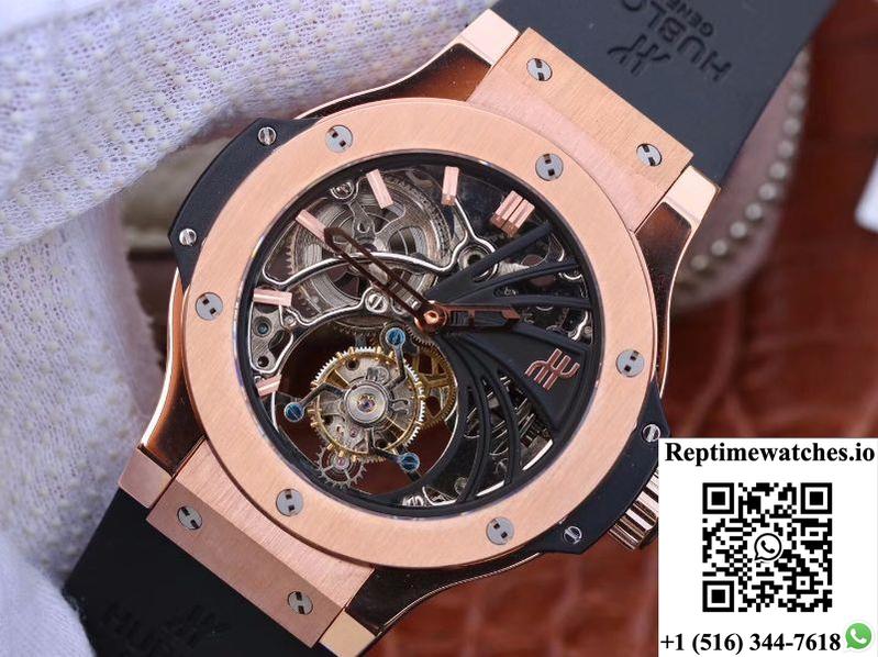 Hublot Big Bang Hollow Tourbillon 18K Rose Gold Skeleton Dial-Rep Time Watches