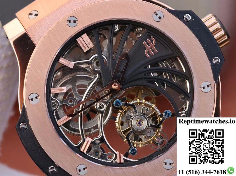 Hublot Big Bang Hollow Tourbillon 18K Rose Gold Skeleton Dial-Rep Time Watches