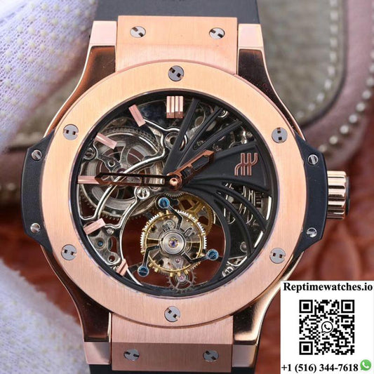 Hublot Big Bang Hollow Tourbillon 18K Rose Gold Skeleton Dial-Rep Time Watches