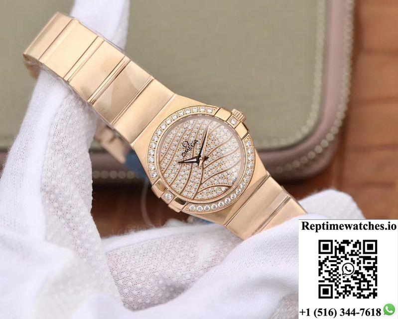 Omega Constellation Ladies 27Mm Tw Factory 18K Rose Gold Textured Diamond Dial-Rep Time Watches