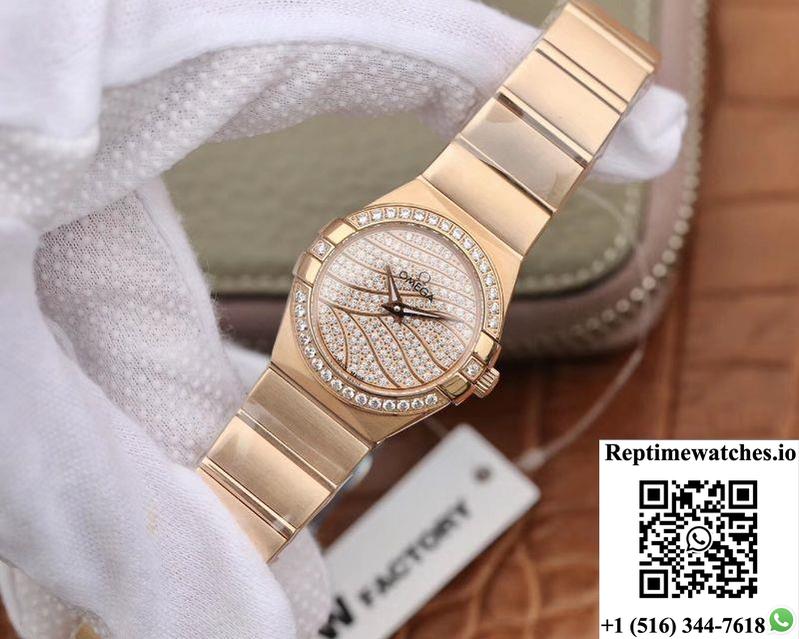 Omega Constellation Ladies 27Mm Tw Factory 18K Rose Gold Textured Diamond Dial-Rep Time Watches