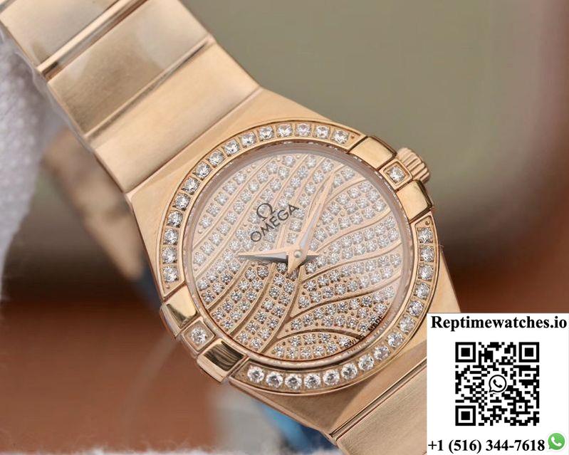 Omega Constellation Ladies 27Mm Tw Factory 18K Rose Gold Textured Diamond Dial-Rep Time Watches