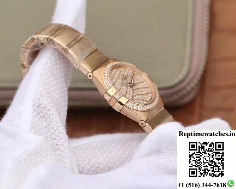 Omega Constellation Ladies 27Mm Tw Factory 18K Rose Gold Textured Diamond Dial-Rep Time Watches