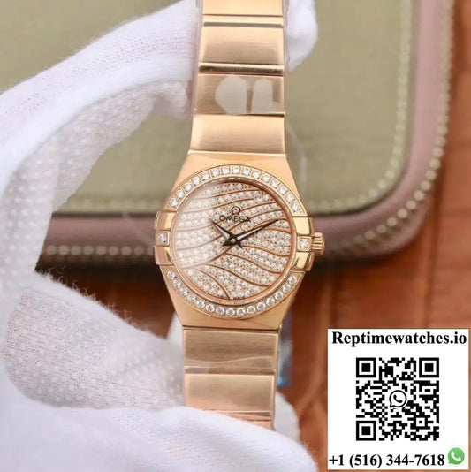 Omega Constellation Ladies 27mm TW Factory 18K Rose Gold Textured Diamond Dial - Watches