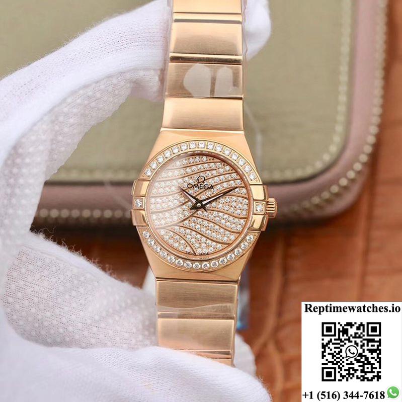 Omega Constellation Ladies 27Mm Tw Factory 18K Rose Gold Textured Diamond Dial-Rep Time Watches