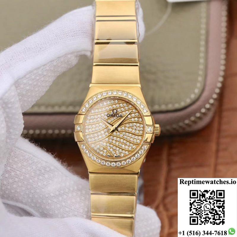 Omega Constellation Ladies 27Mm Tw Factory 18K Yellow Gold Textured Diamond Dial-Rep Time Watches