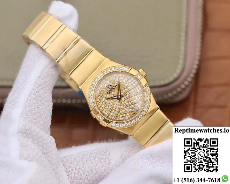 Omega Constellation Ladies 27Mm Tw Factory 18K Yellow Gold Textured Diamond Dial-Rep Time Watches