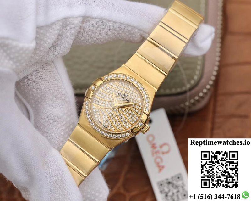 Omega Constellation Ladies 27Mm Tw Factory 18K Yellow Gold Textured Diamond Dial-Rep Time Watches