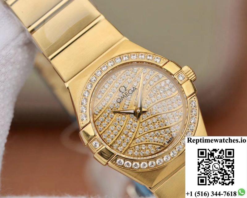 Omega Constellation Ladies 27Mm Tw Factory 18K Yellow Gold Textured Diamond Dial-Rep Time Watches