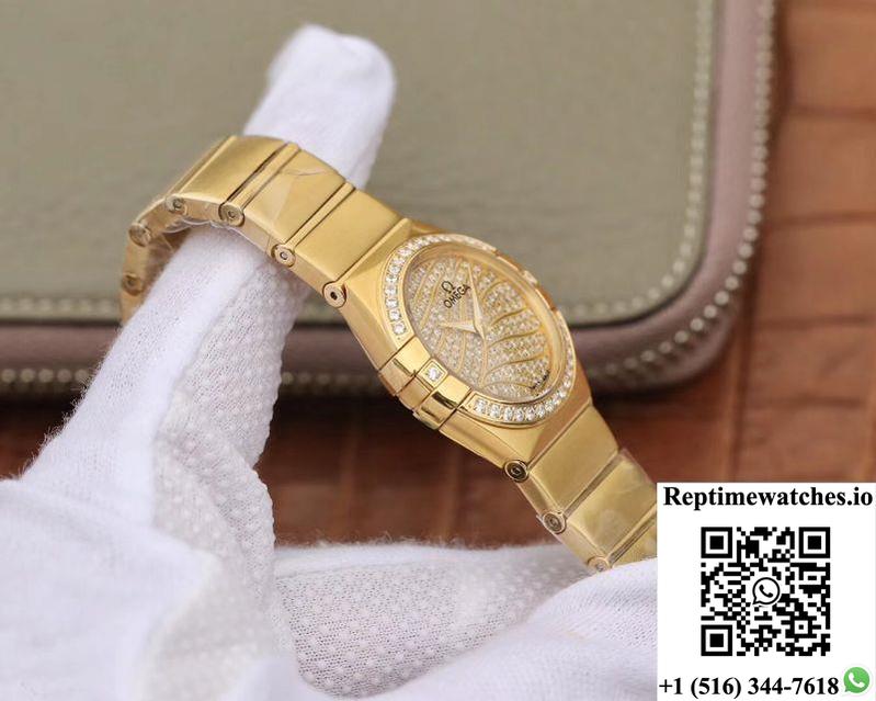Omega Constellation Ladies 27Mm Tw Factory 18K Yellow Gold Textured Diamond Dial-Rep Time Watches