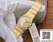 Omega Constellation Ladies 27MM TW Factory 18K Yellow Gold Textured Diamond Dial - Watches