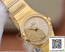 Omega Constellation Ladies 27MM TW Factory 18K Yellow Gold Textured Diamond Dial - Watches