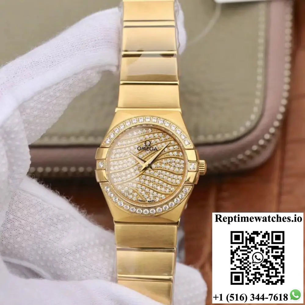 Omega Constellation Ladies 27MM TW Factory 18K Yellow Gold Textured Diamond Dial - Watches