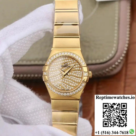 Omega Constellation Ladies 27MM TW Factory 18K Yellow Gold Textured Diamond Dial - Watches