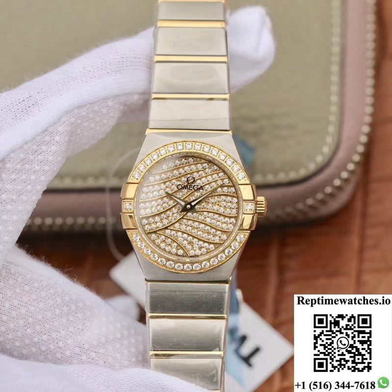 Omega Constellation Ladies 27Mm Tw Factory Yellow Gold Textured Diamond Dial-Rep Time Watches