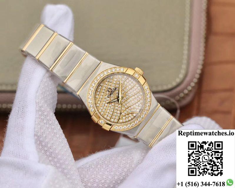 Omega Constellation Ladies 27Mm Tw Factory Yellow Gold Textured Diamond Dial-Rep Time Watches