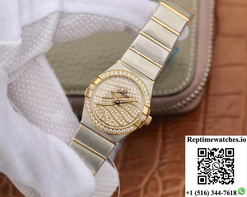 Omega Constellation Ladies 27Mm Tw Factory Yellow Gold Textured Diamond Dial-Rep Time Watches