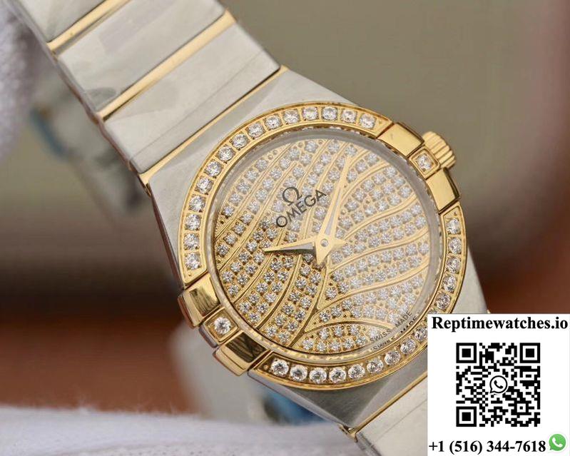 Omega Constellation Ladies 27Mm Tw Factory Yellow Gold Textured Diamond Dial-Rep Time Watches