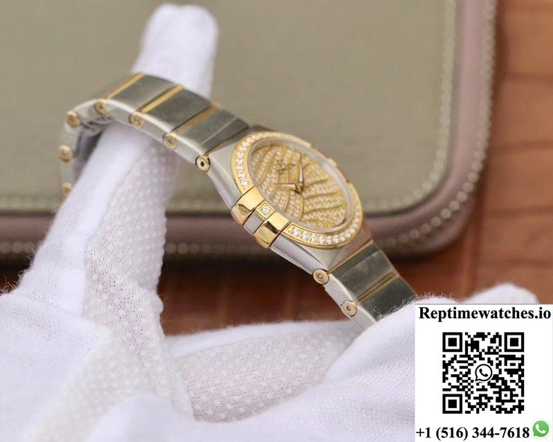 Omega Constellation Ladies 27Mm Tw Factory Yellow Gold Textured Diamond Dial-Rep Time Watches