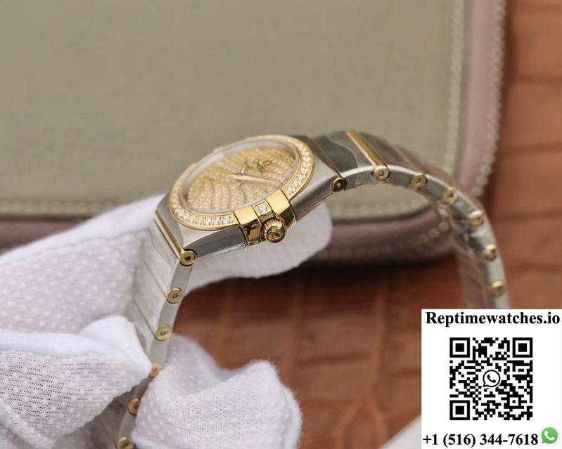 Omega Constellation Ladies 27Mm Tw Factory Yellow Gold Textured Diamond Dial-Rep Time Watches