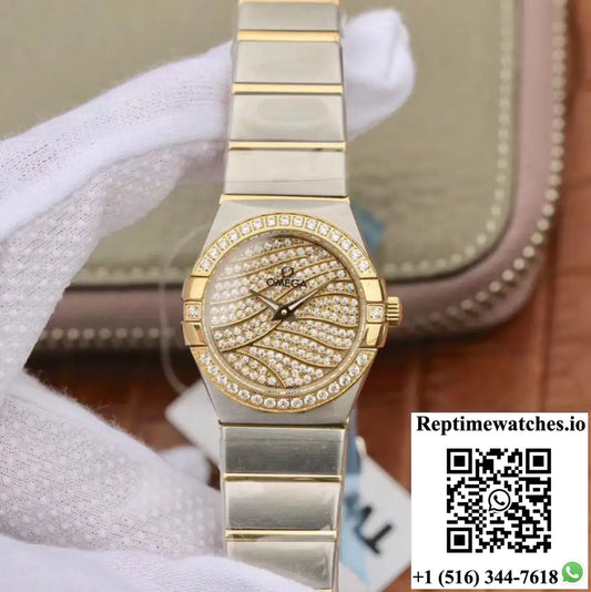 Omega Constellation Ladies 27MM TW Factory Yellow Gold Textured Diamond Dial - Watches