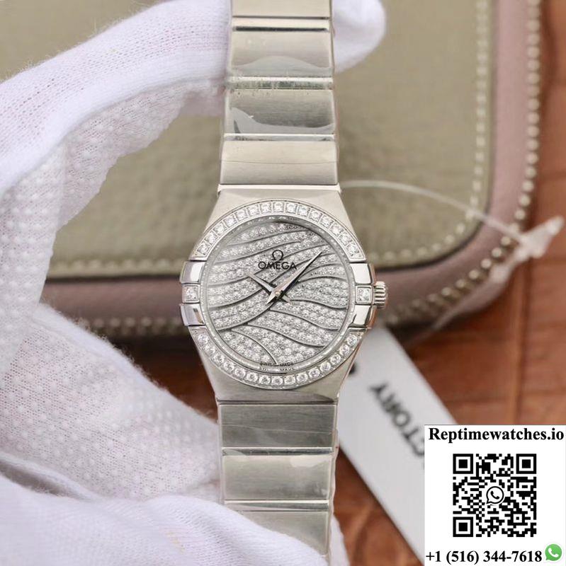 Omega Constellation Quartz Ladies 27Mm Tw Factory White Gold Diamond Dial-Rep Time Watches