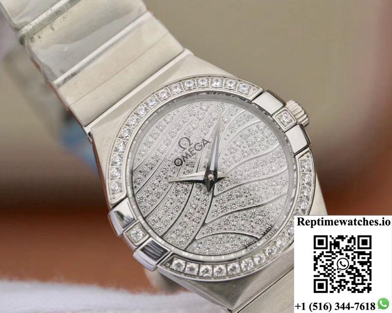Omega Constellation Quartz Ladies 27Mm Tw Factory White Gold Diamond Dial-Rep Time Watches