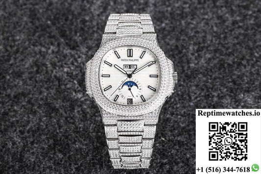 Patek Philippe Nautilus 5726 R8 Factory Gypsophila Diamond White Dial-Rep Time Watches